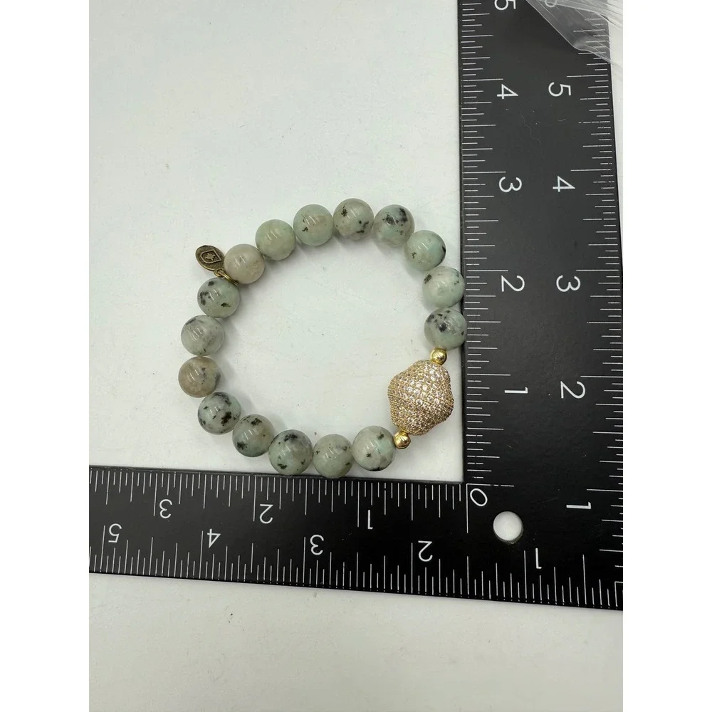 Gemstone Beaded Stretch Bracelet Gold Pave Crystal Focal‎ Bead Star Charm Green